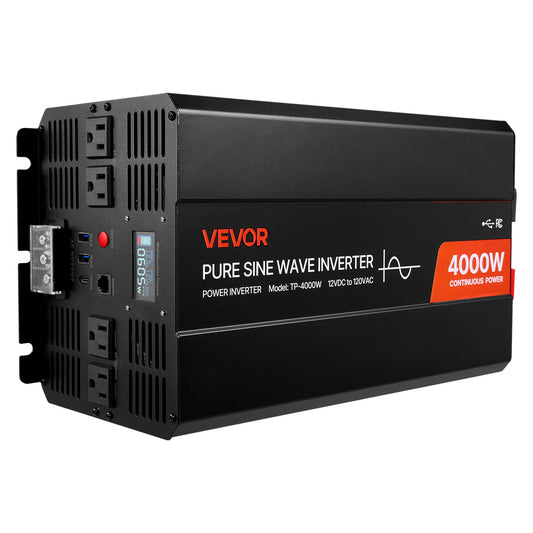 4000W Power Inverter, 12V DC To 120V AC Pure Sine Wave Inverter, Solar Car Charger Converter With LCD Display, Remote Control, 2 USB Ports, 4 AC Outlets, Type-C Port, For RV, Truck Outdoor