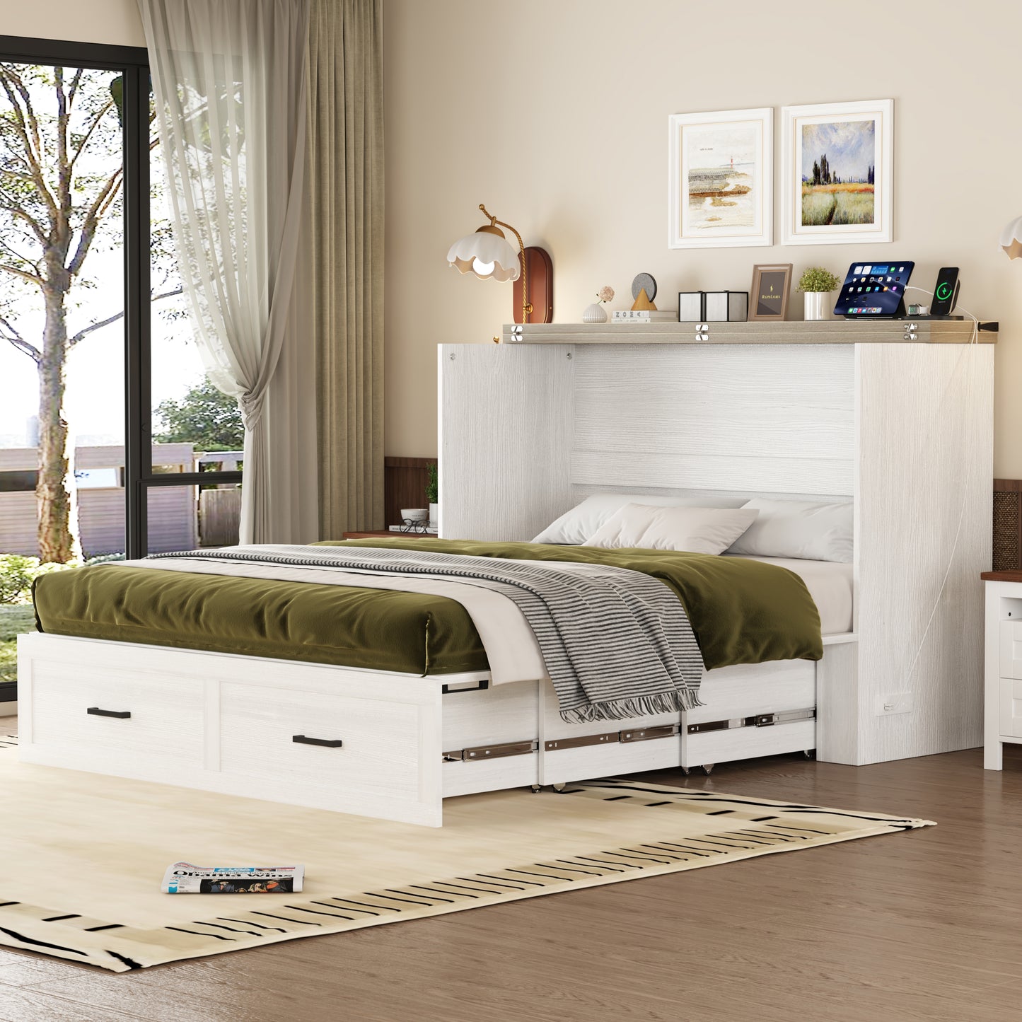 Queen Size Farmhouse Murphy Cabinet Bed With Charging Station, Foldable Platform Bed With Large Storage Drawer For Guest-Room, Small Bedroom, White