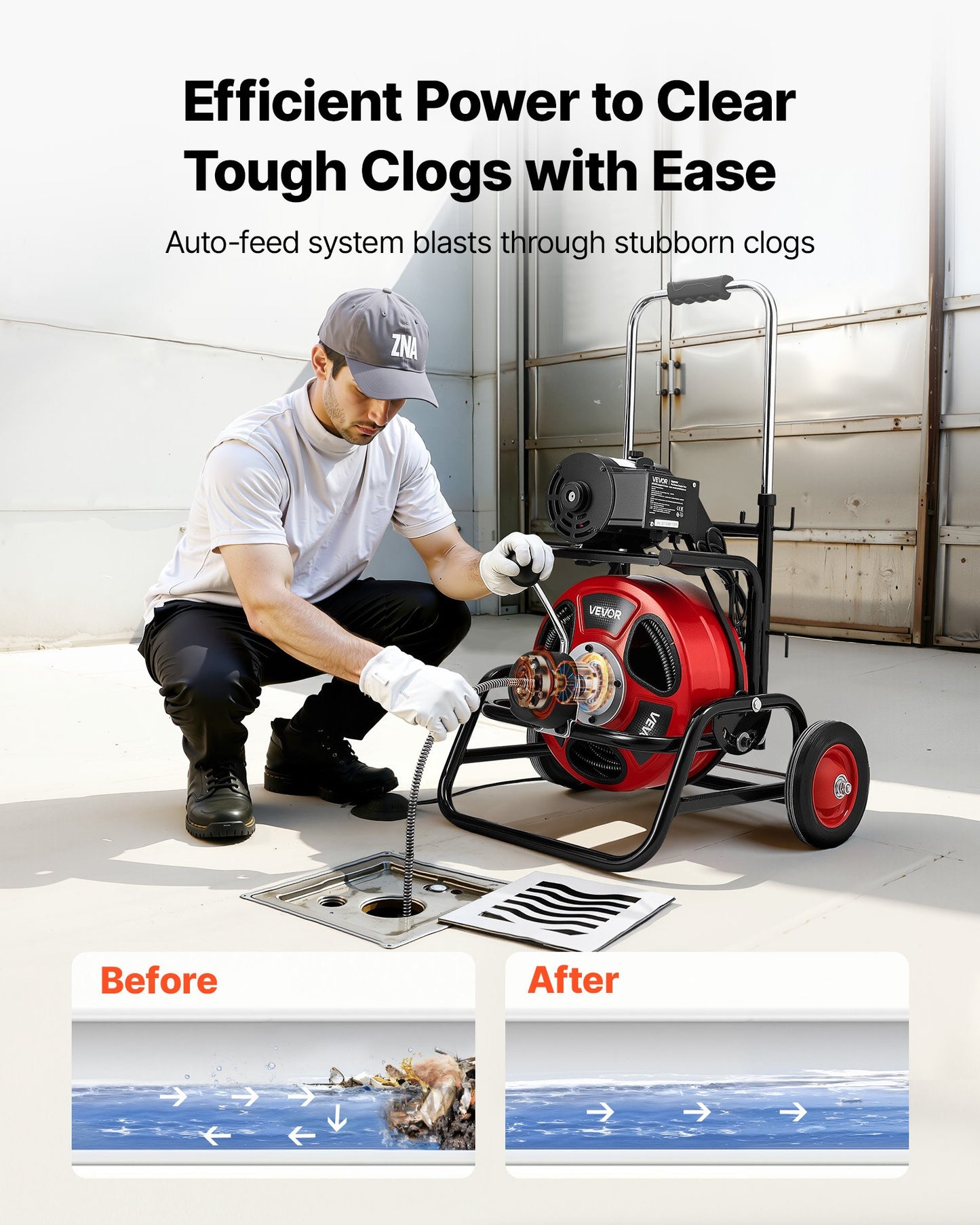 Drain Cleaner Machine 100 FT X 1/2 Inch, Auto Feed Sewer Snake Auger, Portable Drain Cleaning Machine With Climbing Wheels, Adjustable Drum, 8 Cutters & Foot Switch For 2" To 6" Pipes
