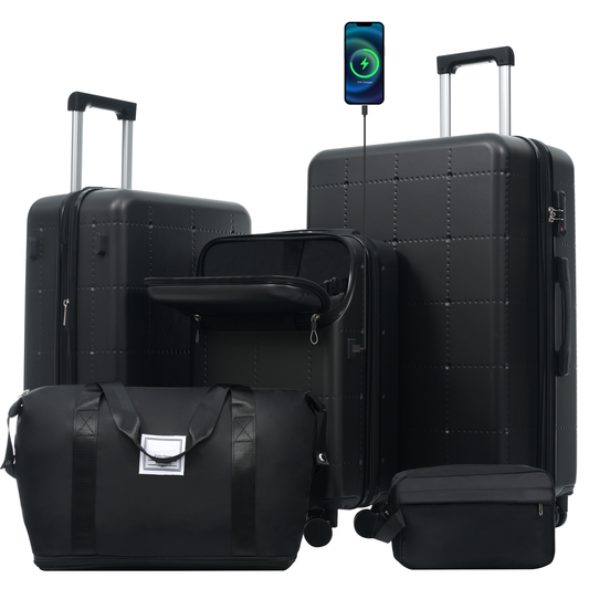 Hardside Luggage Set 5 Piece With Bags,20IN Half-opening Carry On Luggage With USB Port, Expandable 24IN 28IN Luggage With Double Spinner Wheels TSA Lock