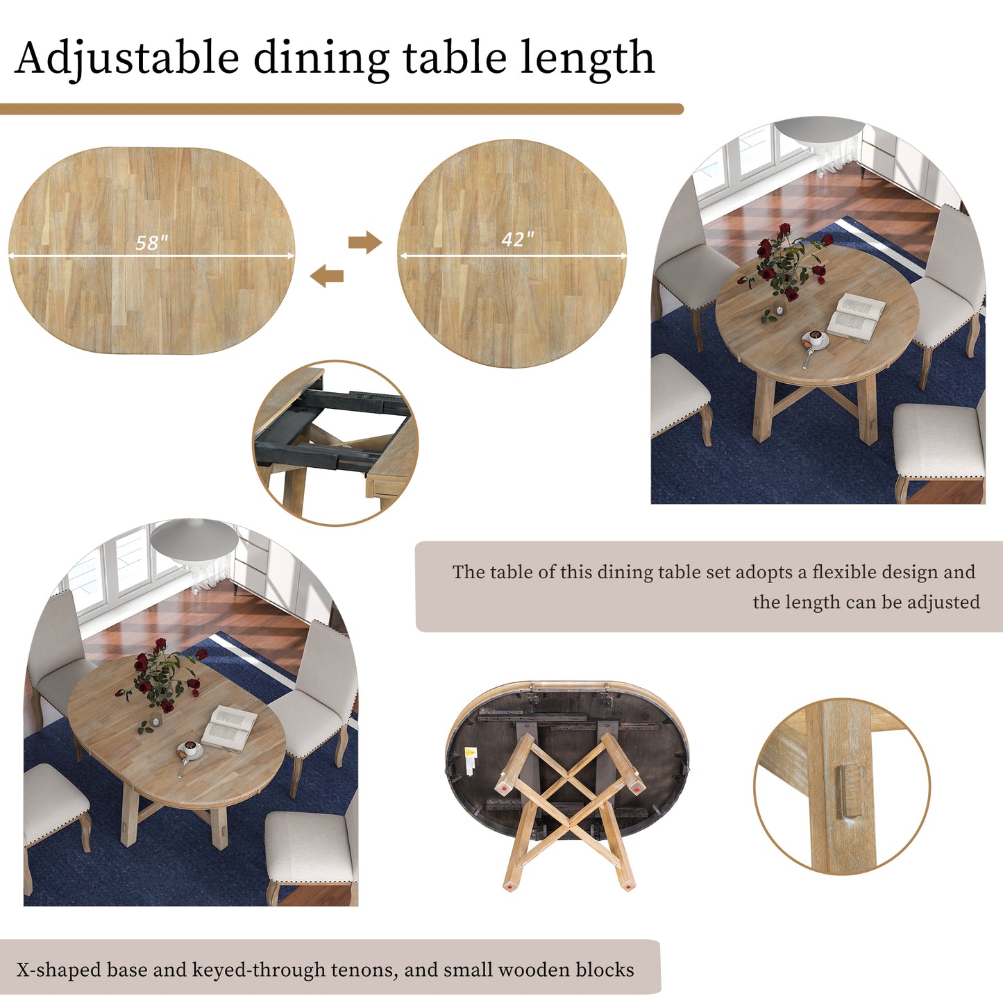TREXM Farmhouse Round Extendable Dining Table With 16 Leaf Wood Kitchen Table  Natural Wood Wash