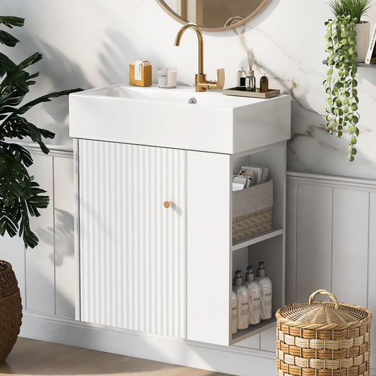 Video 21.6inch Modern Floating Bathroom Vanity With Ceramic Basin - Perfect For Small Bathrooms, Right Side Storage