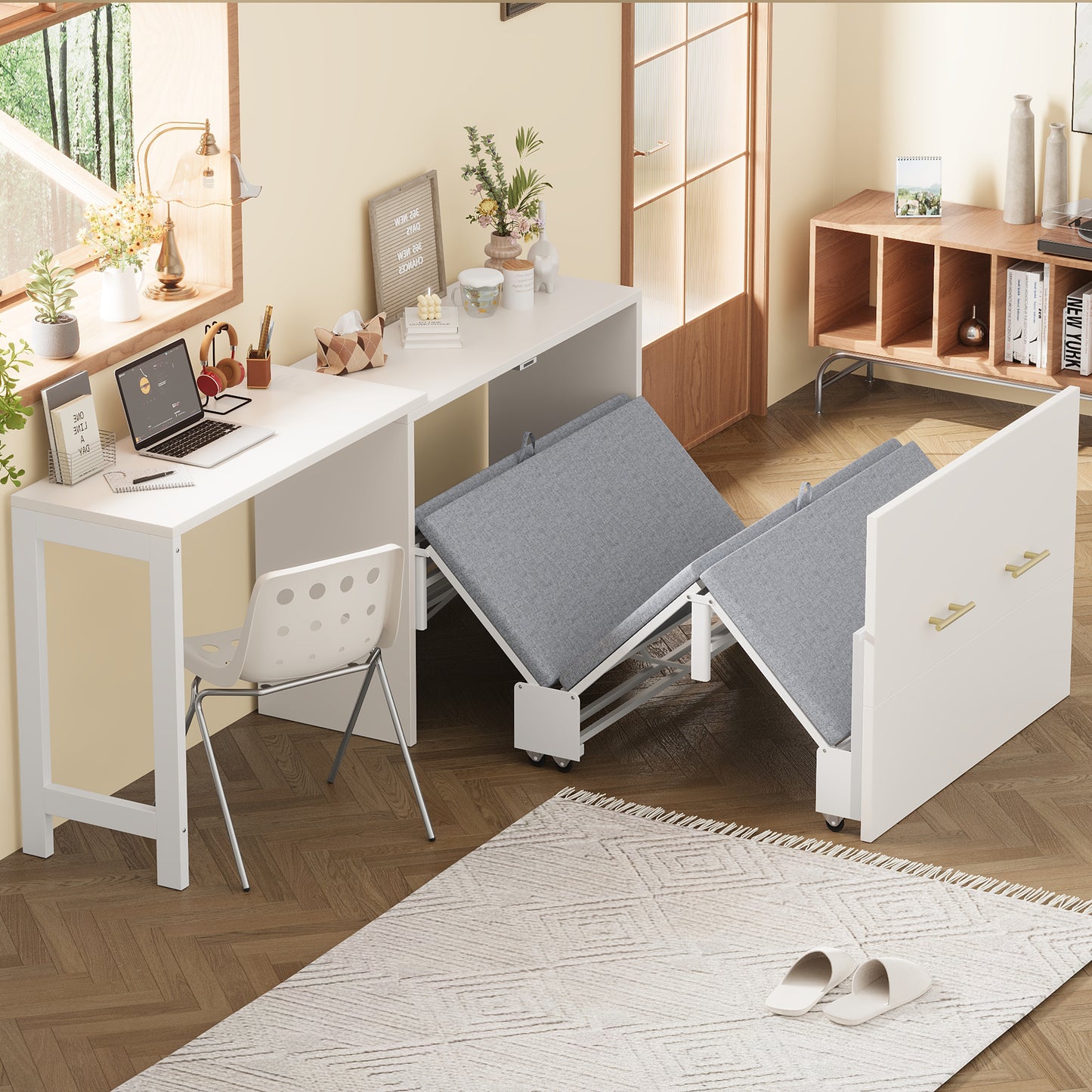Twin Size Murphy Cabinet Bed With Adjustable Position Desk, Murphy Chest Dresser Bed With Foldable Cushion For Guest Room,Small Space, White