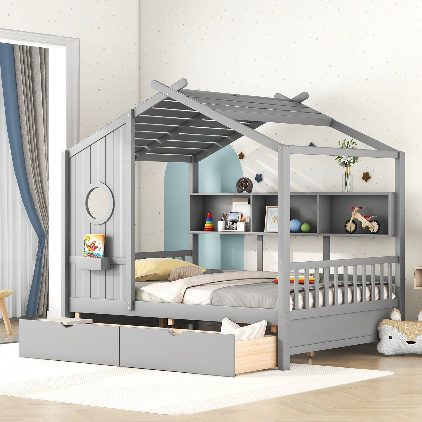 Wooden Full Size House Bed With 2 Drawers,Kids Bed With Storage Shelf, Gray