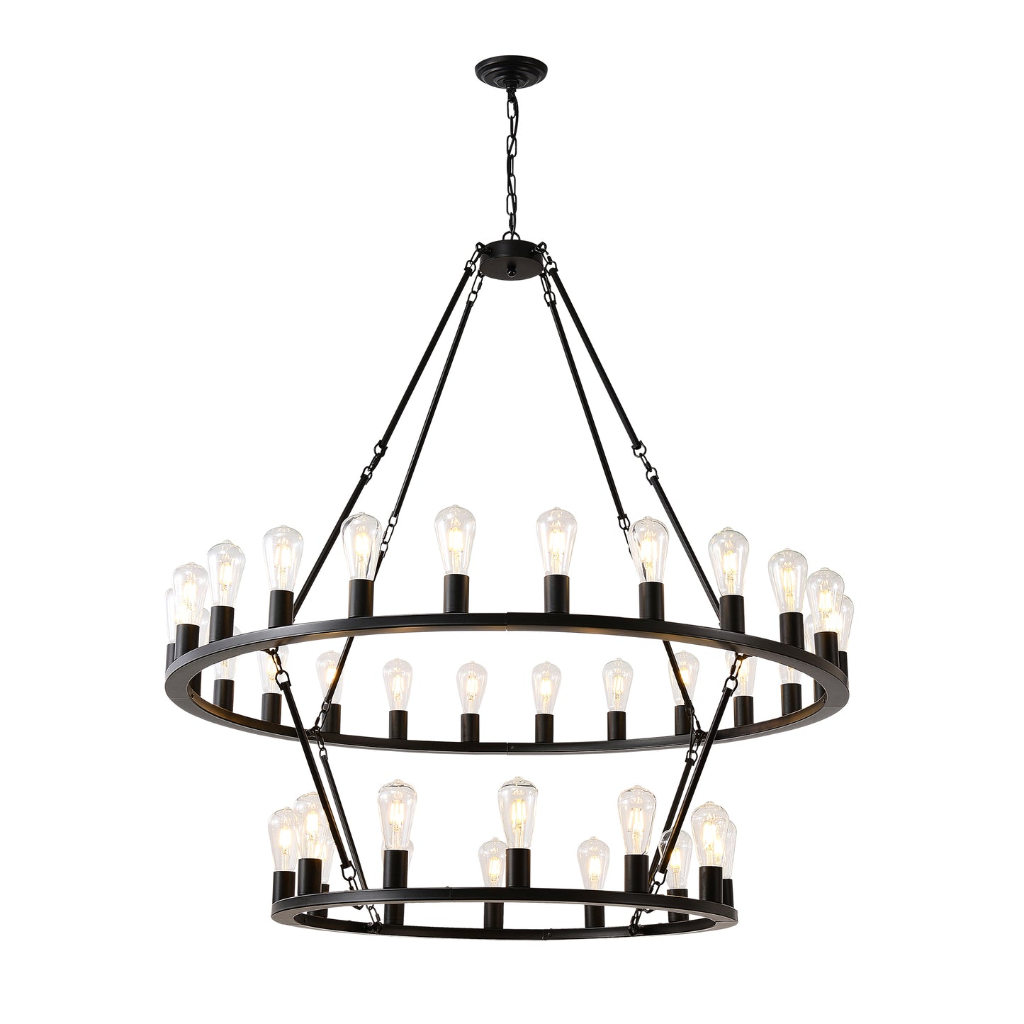 48 Inch Black Extra Large Wagon Wheel Chandelier, 2 Tier 36-Lights No Include Farmhouse Industrial Round High Ceiling Pendant Light Adjustable Chain, For Dining Room, Living Room,Kitchen