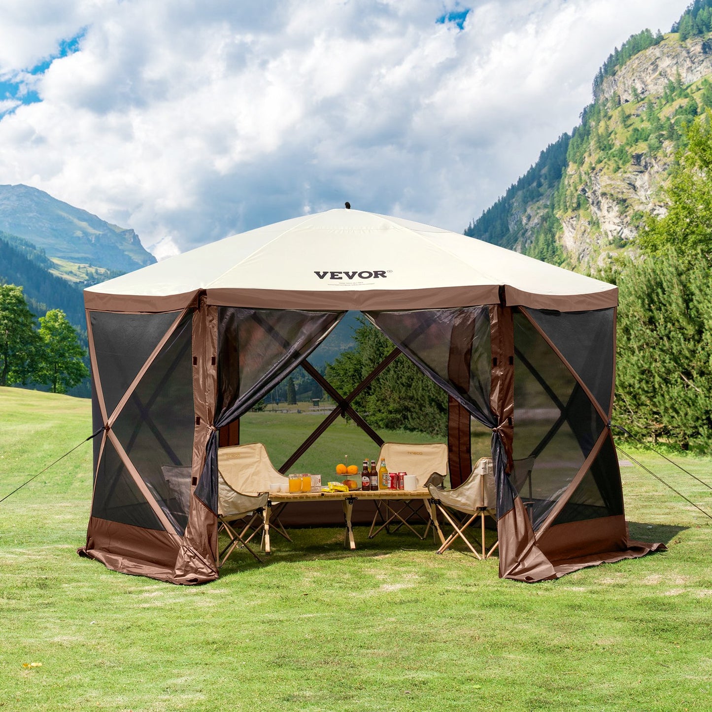 Pop Up Gazebo Tent, Pop-Up Screen Tent 6 Sided Canopy Sun Shelter With 6 Removable Privacy Wind Cloths & Mesh Windows, 12.5x12.5FT Quick Set Screen Tent With Mosquito Netting, Brown