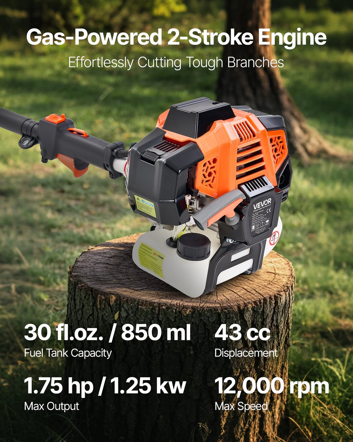 Gas Powered Pole Saw Rotatable Head 43CC 2-Stroke Tree Trimmer 10 In Cutting Bar