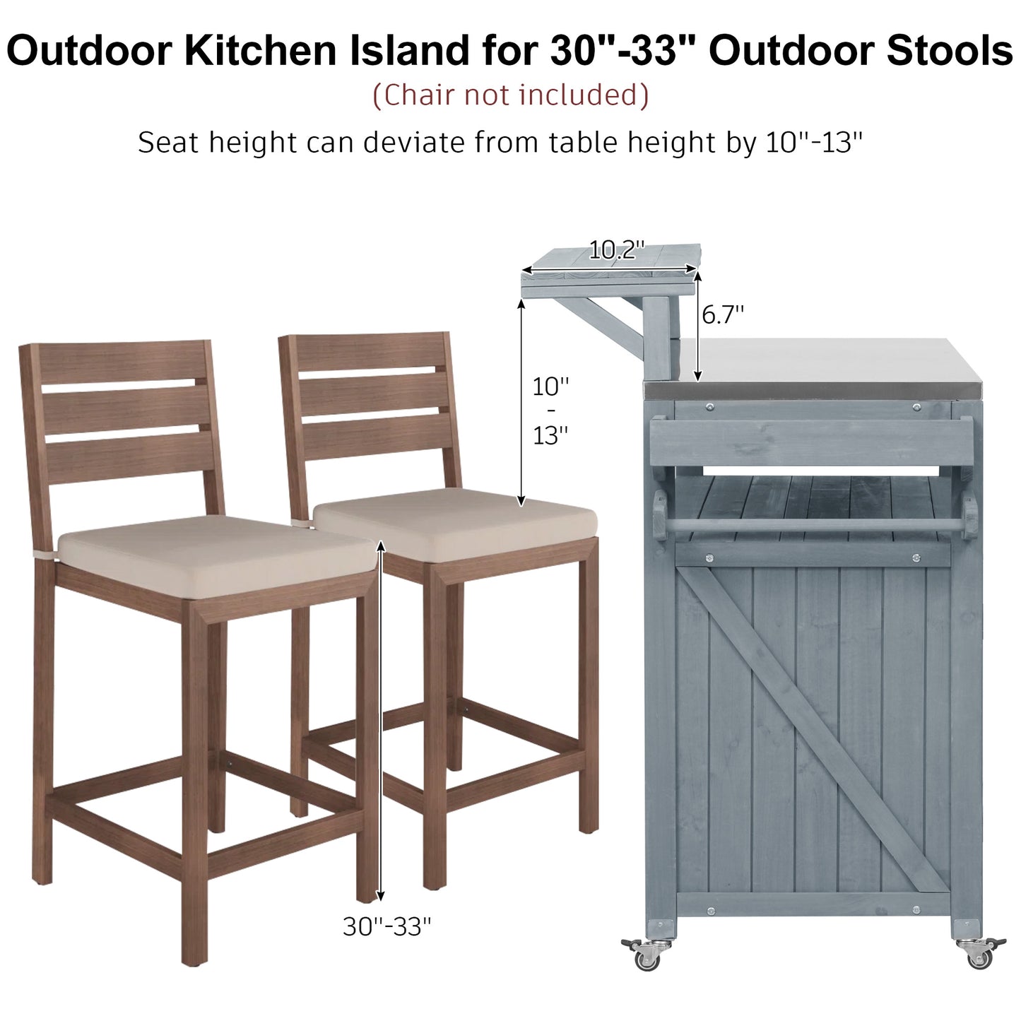K&K 53.3  Outdoor Kitchen Island With Raised Shelf, Solid Wood Storage Cabinet With Stainless Steel Top, Outdoor Rolling Grill Cart With Internal Storage Rack, Adjustable Shelf, Spice Rack, Grey Blue