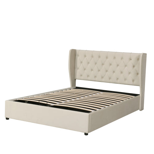 Upholstered Bed, With Hydraulic Lever, Functional Bed From Storage, 135 X 190 Cm, Without Mattress, Velvet, Beige