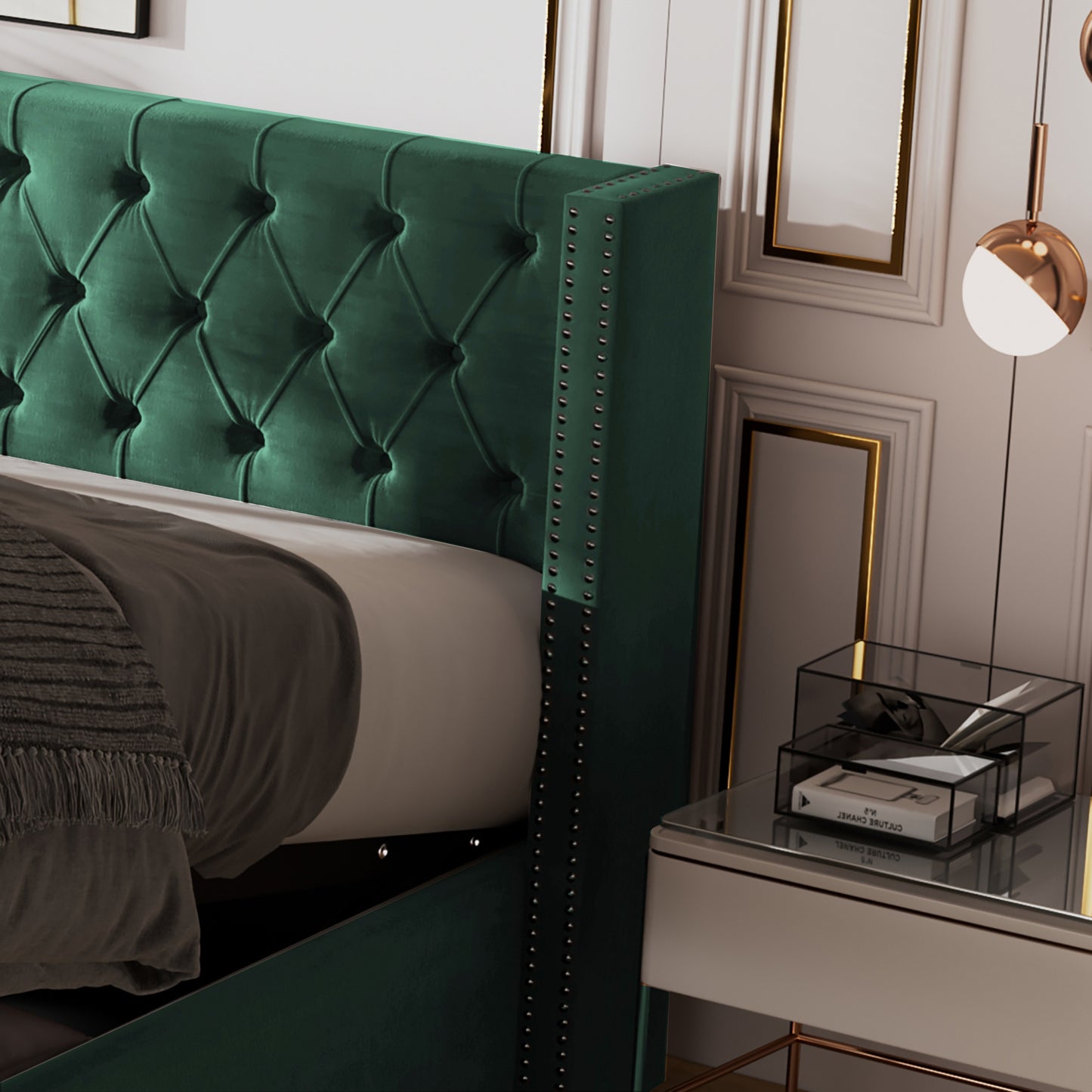 Upholstered Bed, 135x190, With Hydraulic Lever, Functional Bed From Storage,velvet, Green