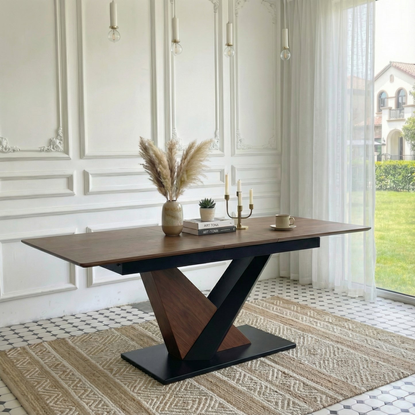 Modern Dining Table With MDF   Solid Wood Veneer Tabletop, Natural Texture, Scratch-Resistant, Cross Geometric Metal Legs For Contemporary Kitchen & Dining Room  Dark Walnut, 1 Table
