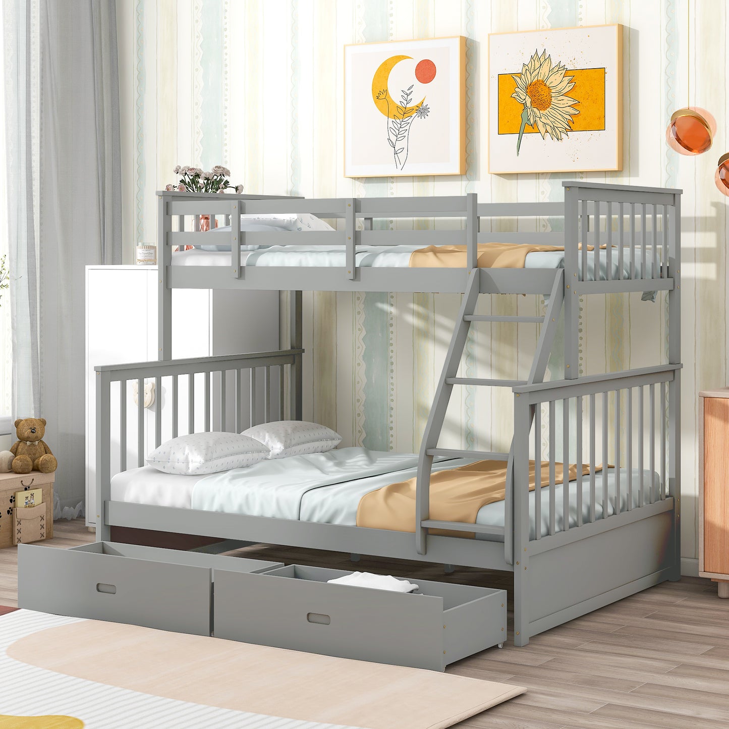 Twin Over Full Bunk Bed With Storage Drawers, Wooden Bunk Bed With Ladder And Safety Guard Rails -Gray