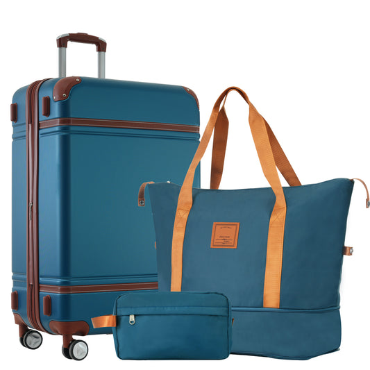 Hardshell Luggage Sets With Bags Lightweight Suitcase Double Spinner Wheels With TSA Lock ,Single Vintage Luggage 24 IN,Blue