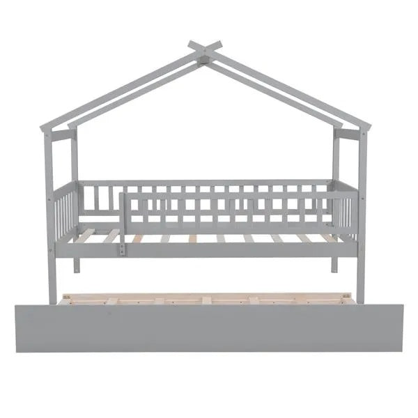Twin Size Wooden House Bed With Twin Size Trundle