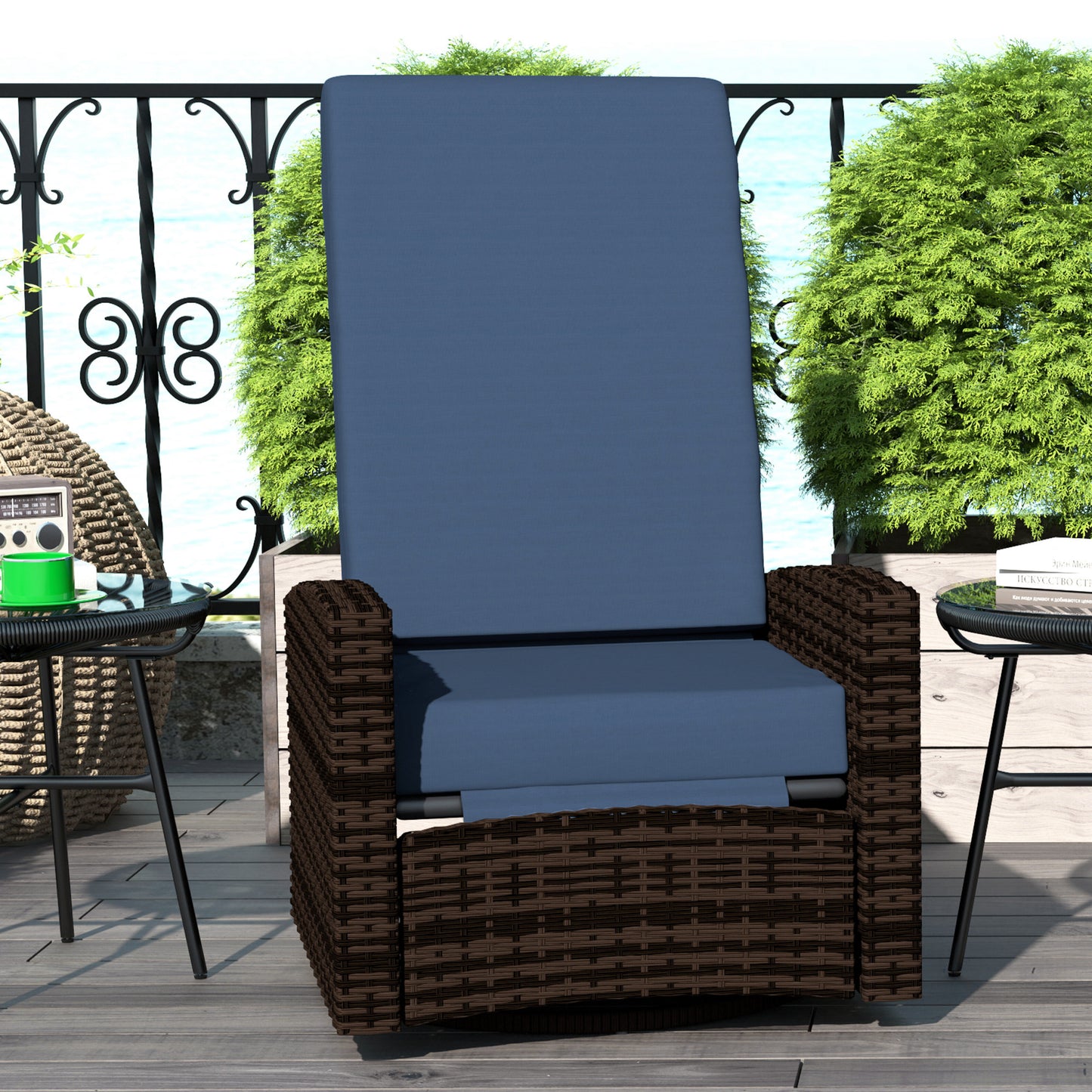 Outdoor Wicker Swivel Recliner Chair, Lifting Footrest, 360° Rotating Basic, Water-resistant Cushions, Dark Blue