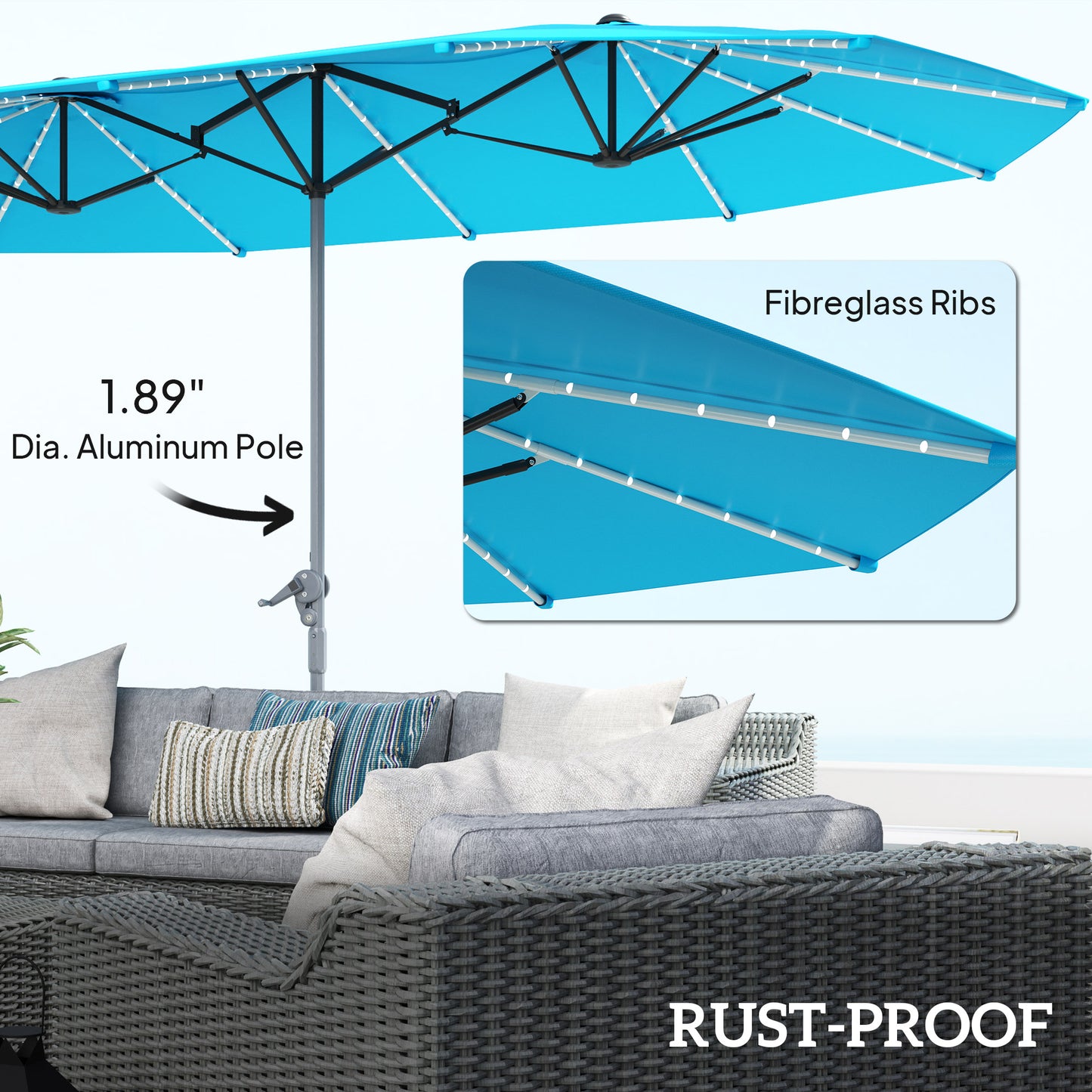 15ft Double-Sided Outdoor Umbrella With Solar Lights, Extra Large Aluminum Patio Umbrella With Crank, Blue
