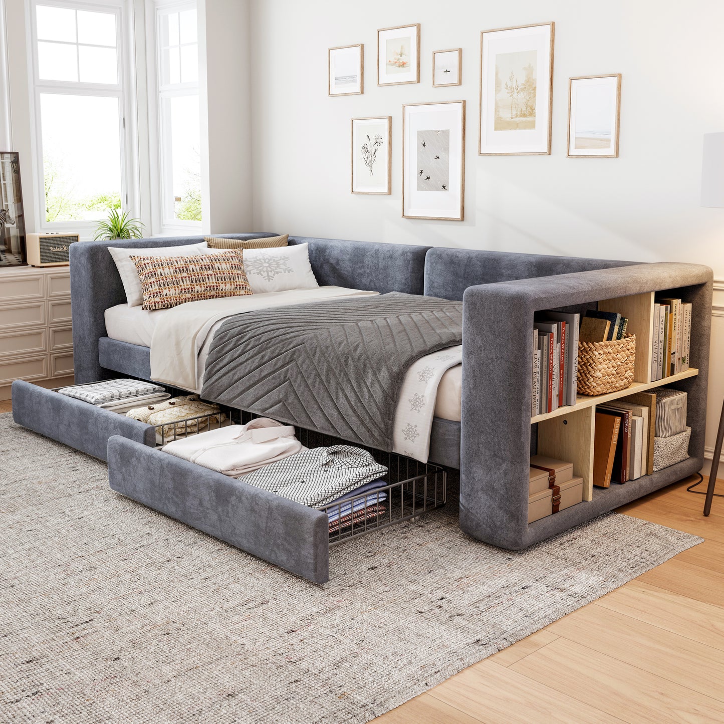 Upholstered Bed, 3FT Single Bed 90x190cm, Daybed Sofa Bed, Side Storage Compartment, 2 Drawers On Wheels, Youth Bed, For Adults & Teenagers, Easy Assembly, Velvet, Grey