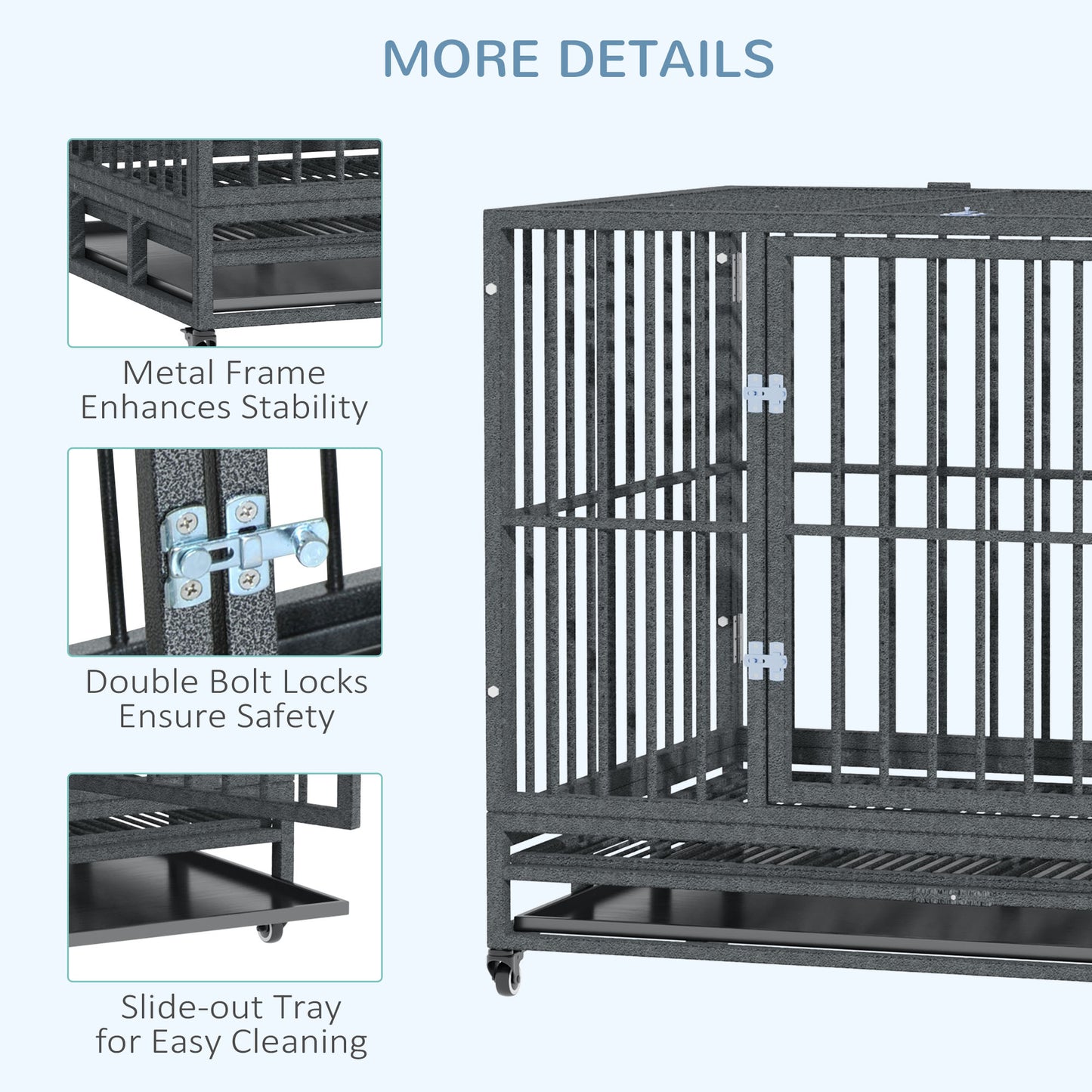 43" Heavy Duty Dog Crate Metal Cage Kennel with Lockable Wheels, Double Door and Removable Tray, Gray