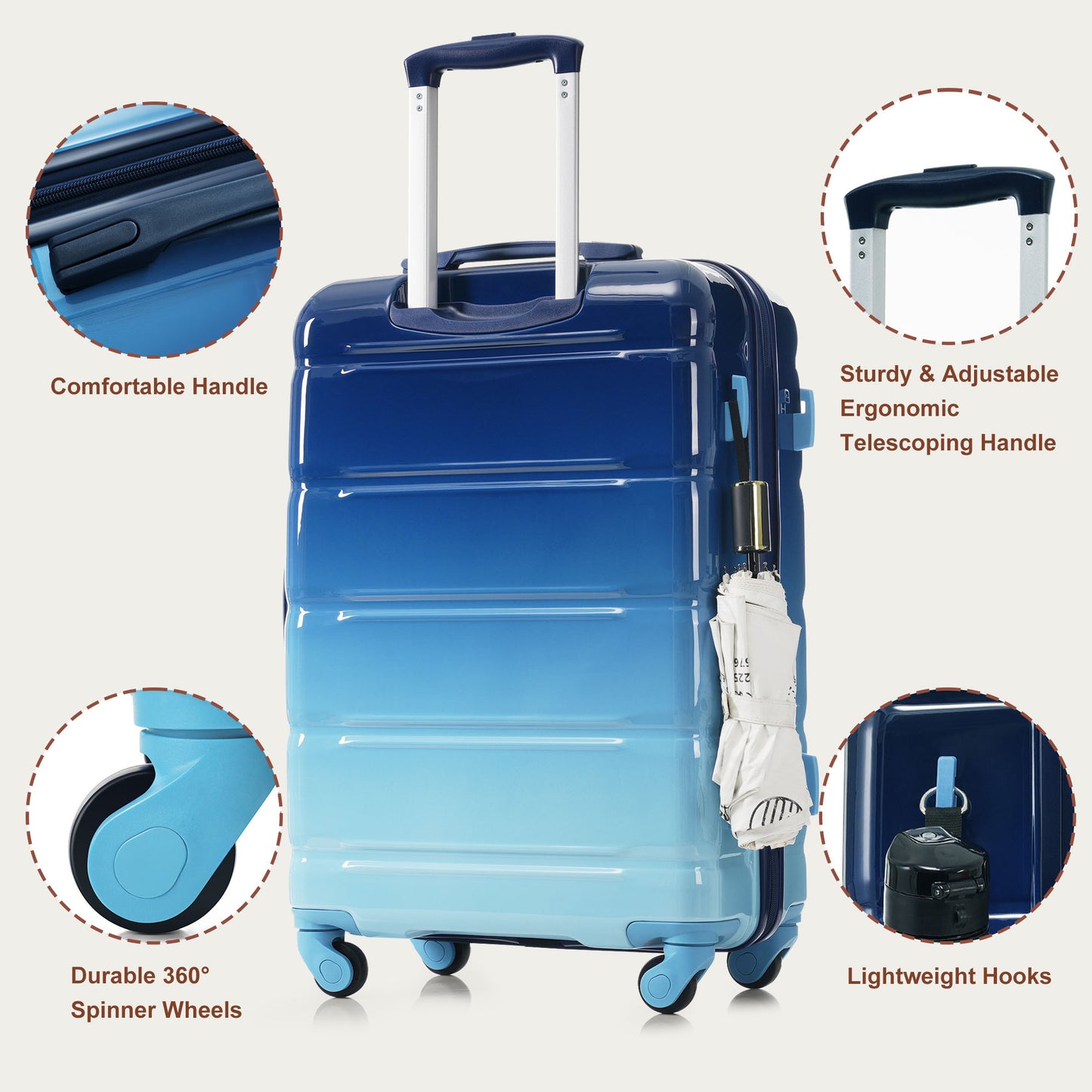 Luggage Set Of 3, 20-inch With USB Port, Airline Certified Carry-on Luggage  , ABS PC Hard Shell Luggage With Spinner Wheels, Gradient Blue
