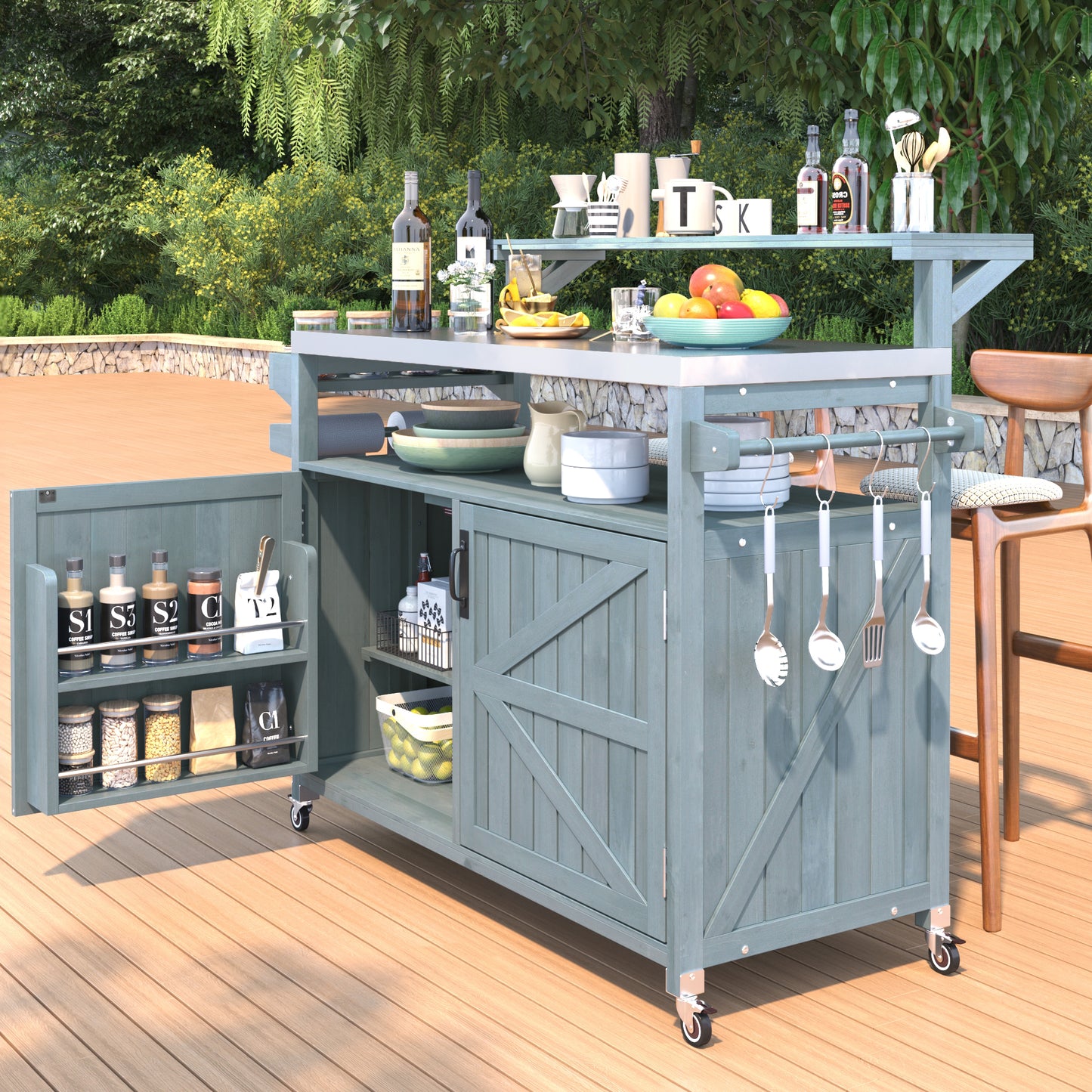 K&K 53.3  Outdoor Kitchen Island With Raised Shelf, Solid Wood Storage Cabinet With Stainless Steel Top, Outdoor Rolling Grill Cart With Internal Storage Rack, Adjustable Shelf, Spice Rack, Grey Blue