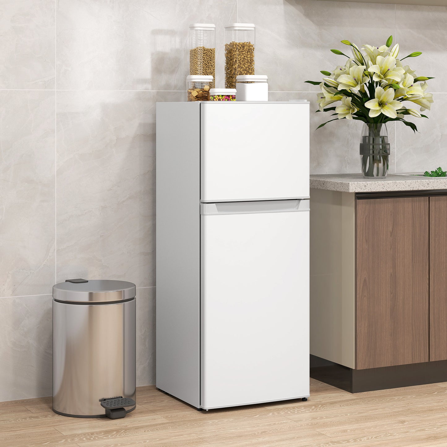 Small Fridge with Freezer, 4 Cu Ft Refrigerator with Reversible Doors, White
