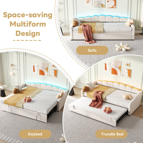 Upholstered Bed 90x190cm, Daybed, Sofa Bed With RGB LED Lighting, 3ft Petal Shape Single Bed With Trundle,Pull Out Trundle Bed For Living Room BedroomStudy Room, Velvet, Beige