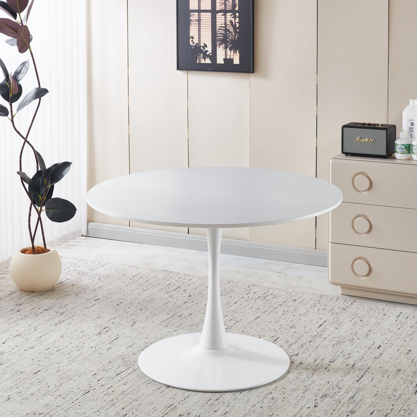 42.1  White Color Top Tulip Table, Mid-century Dining Table For 4-6 People - Round MDF Table Top  The Tabletop Consists Of Two Panels   Pedestal Dining Table, End Table & Leisure Coffee Table