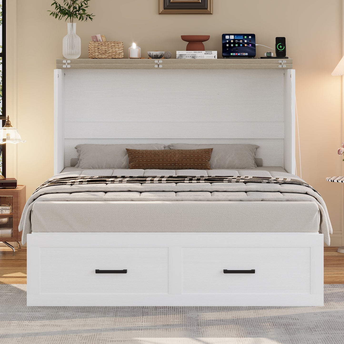 Full Size Farmhouse Murphy Cabinet Bed With Charging Station, Foldable Platform Bed With Large Storage Drawer For Guest-Room, Small Bedroom, White