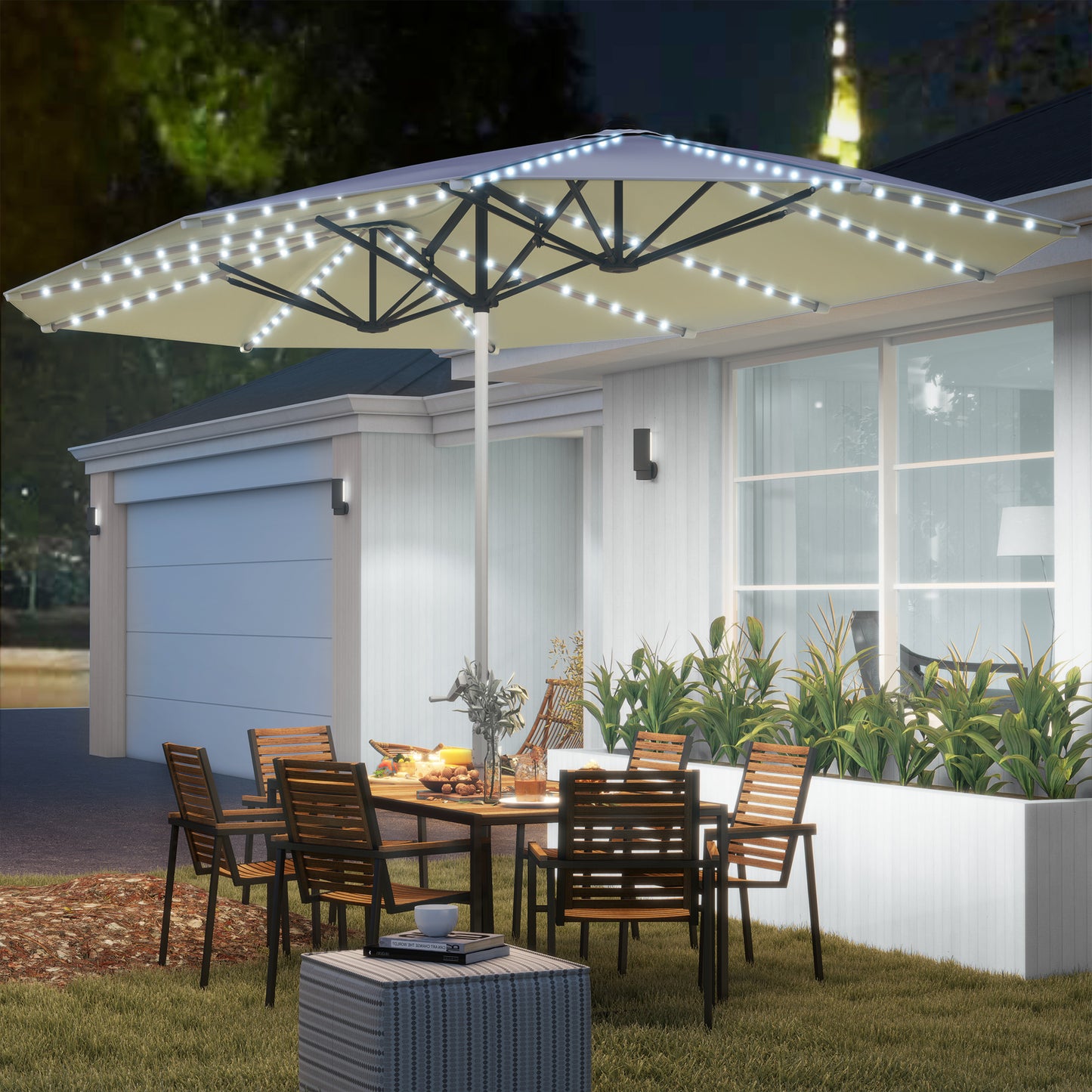 15ft Double-Sided Outdoor Umbrella With Solar Lights, Extra Large Aluminum Patio Umbrella With Crank, Cream White