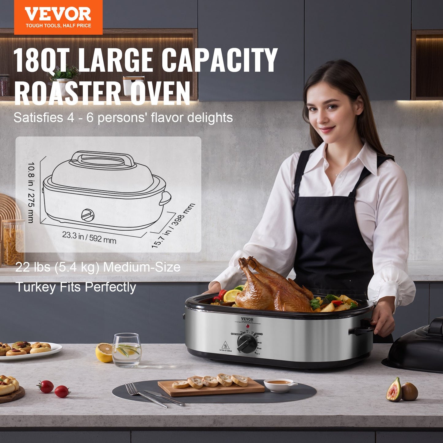 Electric Roaster Oven, 18 QT Turkey Roaster Oven With Self-Basting Lid, 1450W Roaster Oven With Defrost & Warm Function, Adjustable Temperature, Removable Pan & Rack, Fits Turkeys Up To 22LBS