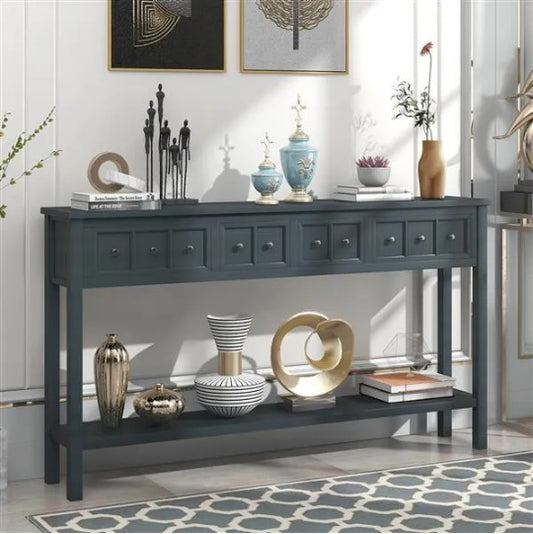 Rustic Entryway Console Table, 60 Long Sofa Table With Two Different Size Drawers And Bottom Shelf For Storage