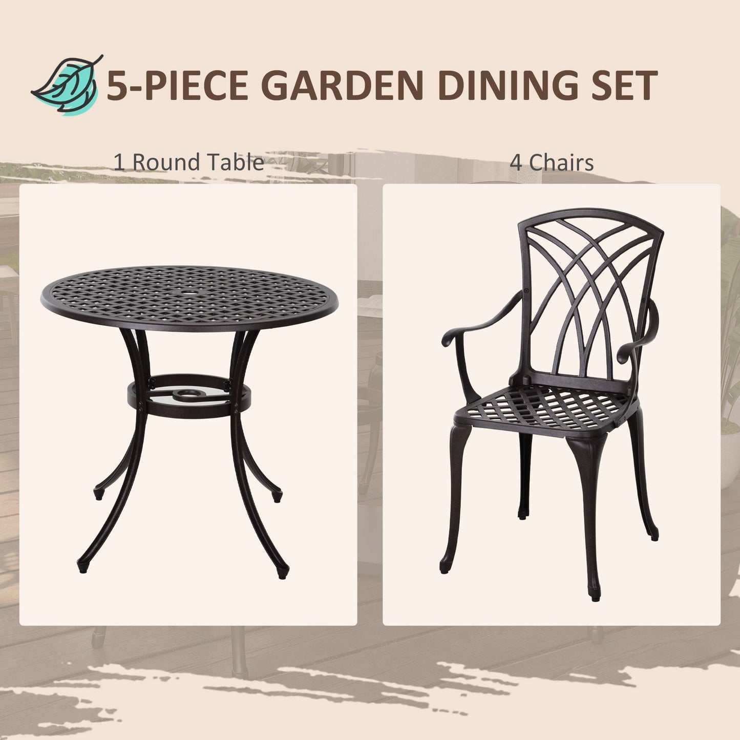 5 Pieces Garden Dining Set For 4, Cast Aluminium Outdoor Dining Set With 4 Armchairs And Round Dining Table With Parasol Hole, Garden Furniture Set, Brown