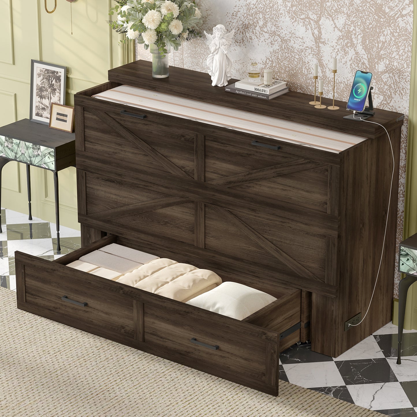 Queen Size Farmhouse Murphy Cabinet Bed With Charging Station, Foldable Platform Bed With Large Storage Drawer For Guest-Room, Small Bedroom, Rustic Gray