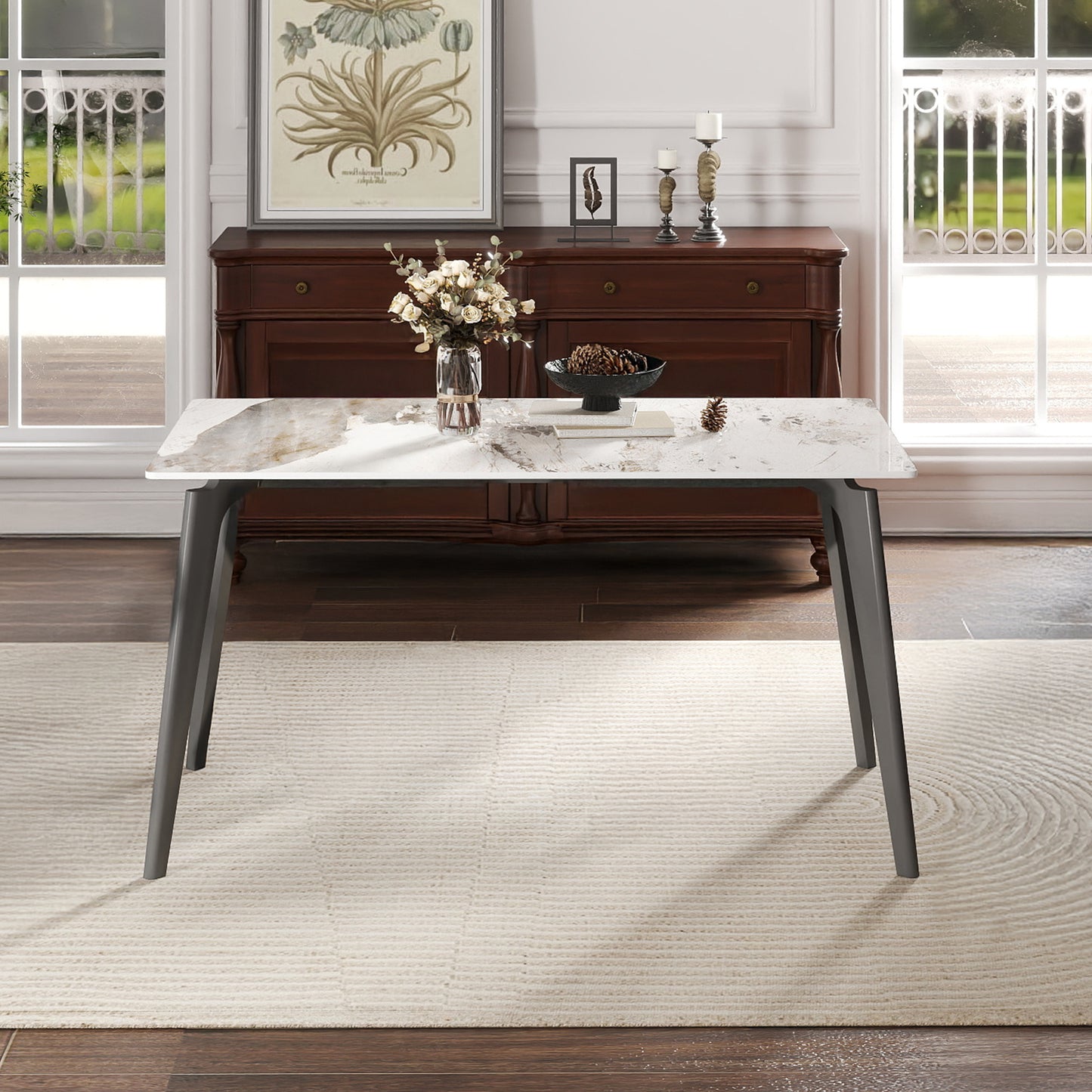 55.12  Modern Artificial Stone White Pandora Straight Edge Dark Grey Metal Leg Dining Table-Can Accommodate 6 People Dining Table Only