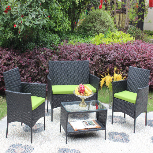 4 PC Rattan Patio Furniture Set Outdoor Patio Cushioned Seat Wicker Sofa Green Cushion