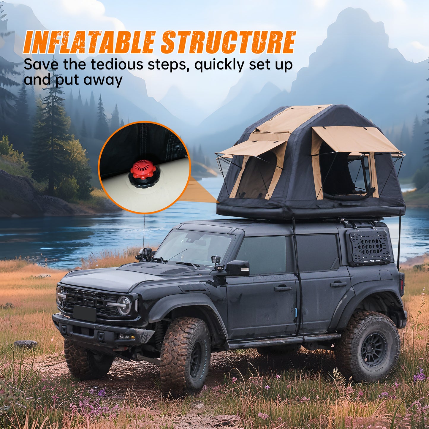 Foldable 2-3 People Amphibious Inflatable Car Roof Top Tent For Camping Outdoor Glamping Camping Tent For SUV, Truck - Without Ladder, Two-tone Style, Khaki & Black