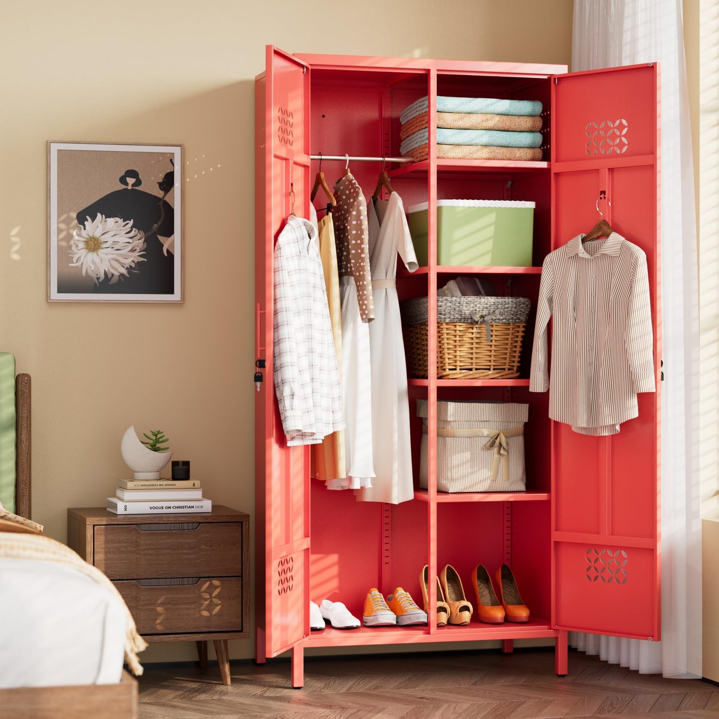 Deepen Metal Wardrobe Cabinet With Adjustable Shelves,Wardrobe Closet For Hanging Clothes,Metal Wardrobe Storage Cabinet For Home,Assembly Required,Red