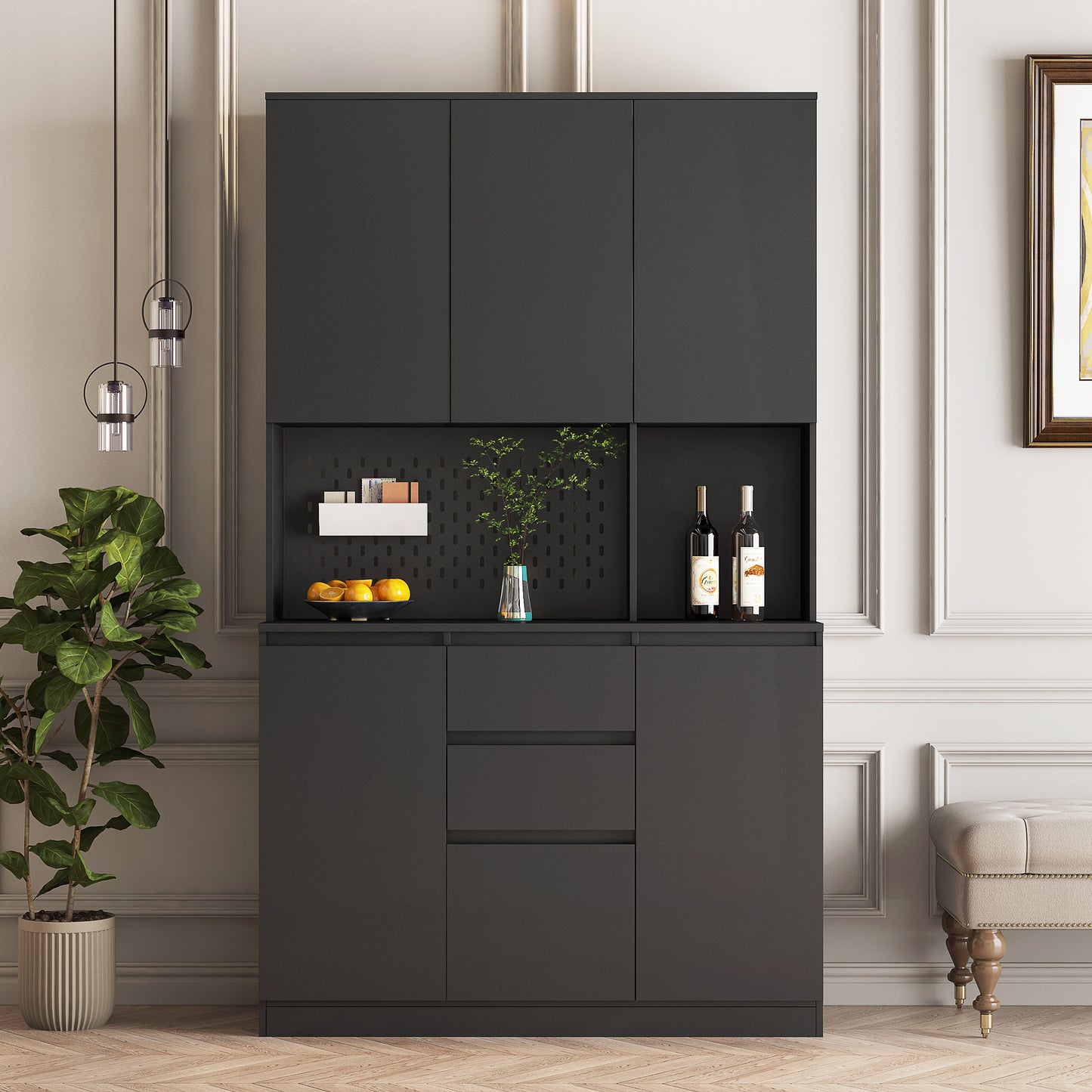 Freestanding Kitchen Pantry Cabinet Cupboard With 6 Doors,3 Shelves And 2 Drawer,Versatile Wardrobe & Kitchen Cabinet,Craft Storage Cabinet,Laundry Room Storage For Kitchen Black
