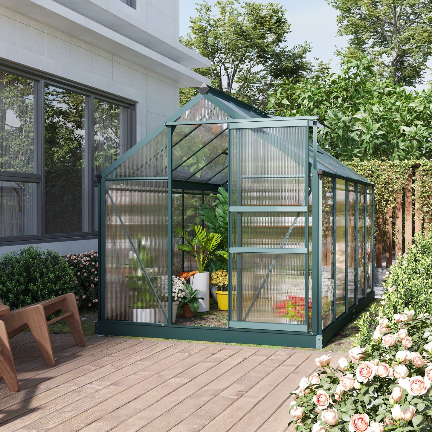 6' x 10' Greenhouse for Outdoors, Polycarbonate Greenhouse with Rain Gutter and Roof Vent, Aluminum Walk-in Green Houses for Outside for Patio Backyard Garden, Dark Green