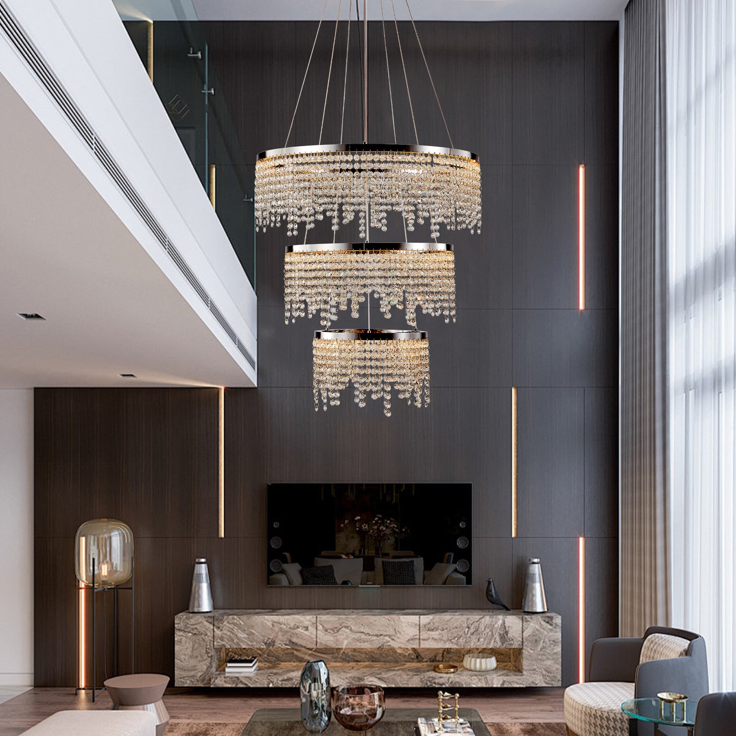 24-inch Crystal Chandelier LED Ceiling Lamp, Adjustable Color Temperature 3000K 4000K 6000K, Height Adjustable, Luxury Round Chandelier, Suitable For Living Room, Dining Room, Bedroom