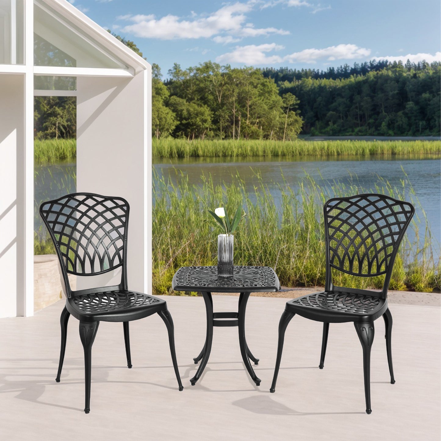 Bistro Set 3 Piece Rustproof Cast Aluminum Patio Furniture Sets 2 Chairs And 1 Round Table Outdoor, Garden, Patio, Balcony, Black