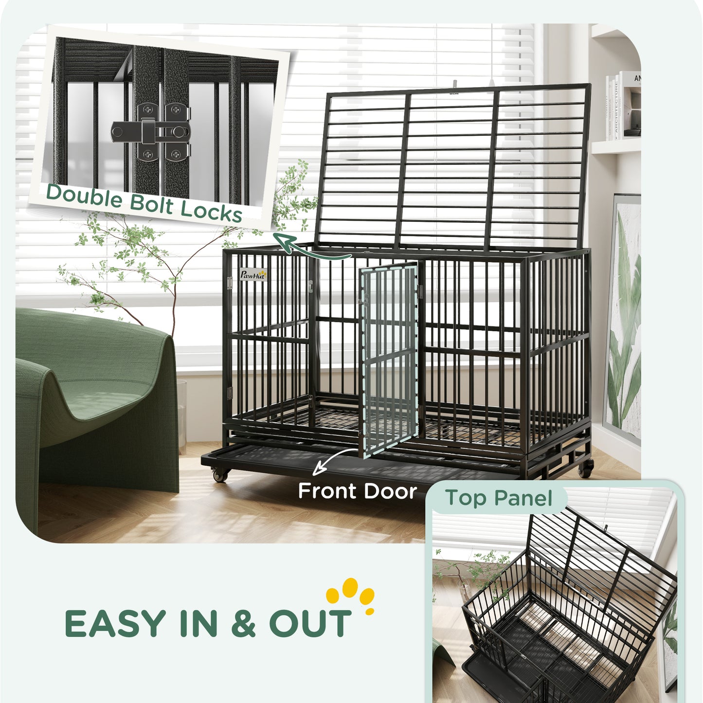 48" Heavy Duty Dog Crate Metal Cage Kennel with Lockable Wheels, Double Door and Removable Tray, gray
