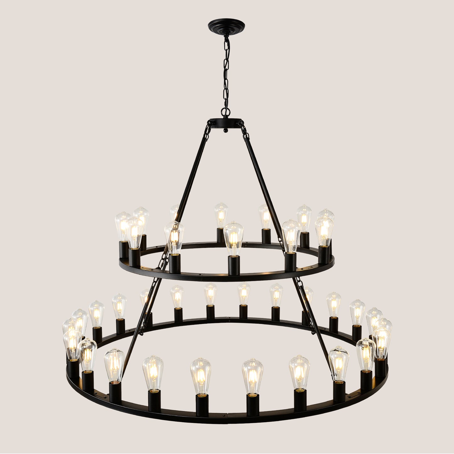 48 Inch Black Extra Large Wagon Wheel Chandelier, 2 Tier 36-Lights No Include Farmhouse Industrial Round High Ceiling Pendant Light Adjustable Chain, For Dining Room, Living Room,Kitchen