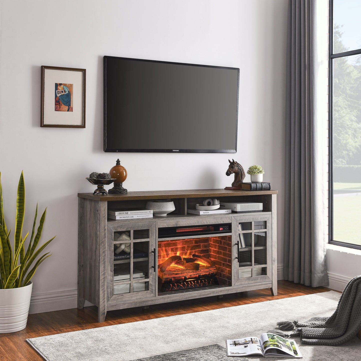 55 Inch TV Media Stand With Electric Fireplace KD Inserts Heater,Gray Wash Color