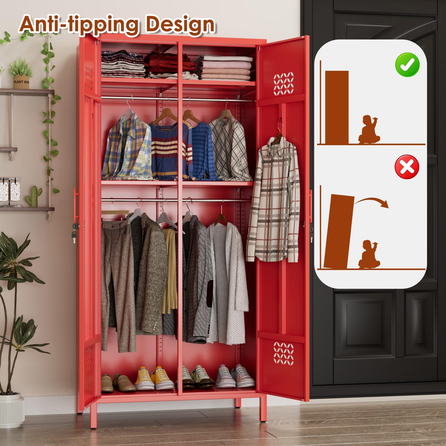 Deepen Metal Wardrobe Cabinet With Adjustable Shelves,Wardrobe Closet For Hanging Clothes,Metal Wardrobe Storage Cabinet For Home,Assembly Required,Red