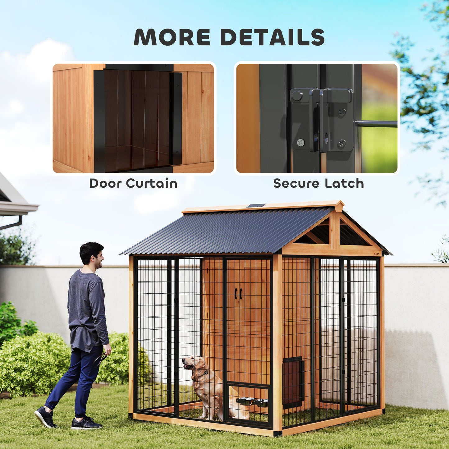7' x 6' Extra Large Dog House, Wood Outdoor Dog Kennel with Storage Cabinet, Stainless Steel Bowls, Light Yellow