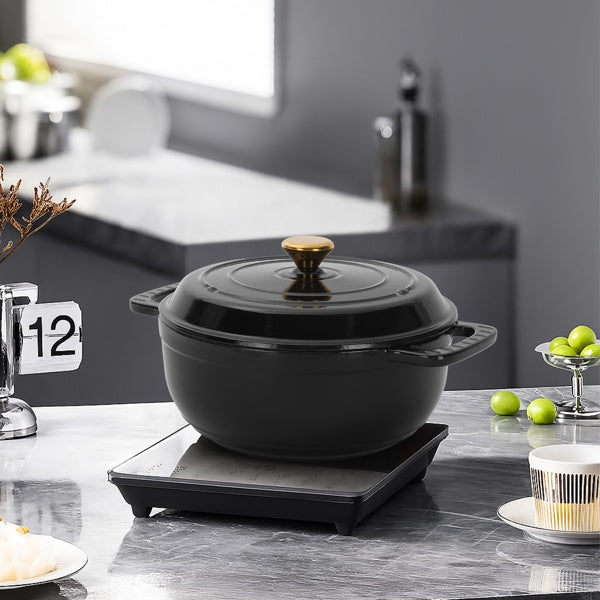 6QT Cast Iron Dutch Oven With Lid - Black Enamel Cooking Pot For Stovetop, Oven, Camping - Includes 2 Silicone Heat-Resistant Gloves