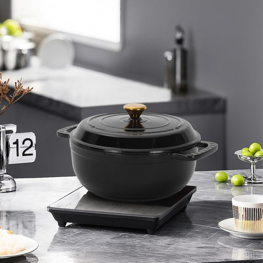 6QT Cast Iron Dutch Oven With Lid - Black Enamel Cooking Pot For Stovetop, Oven, Camping - Includes 2 Silicone Heat-Resistant Gloves