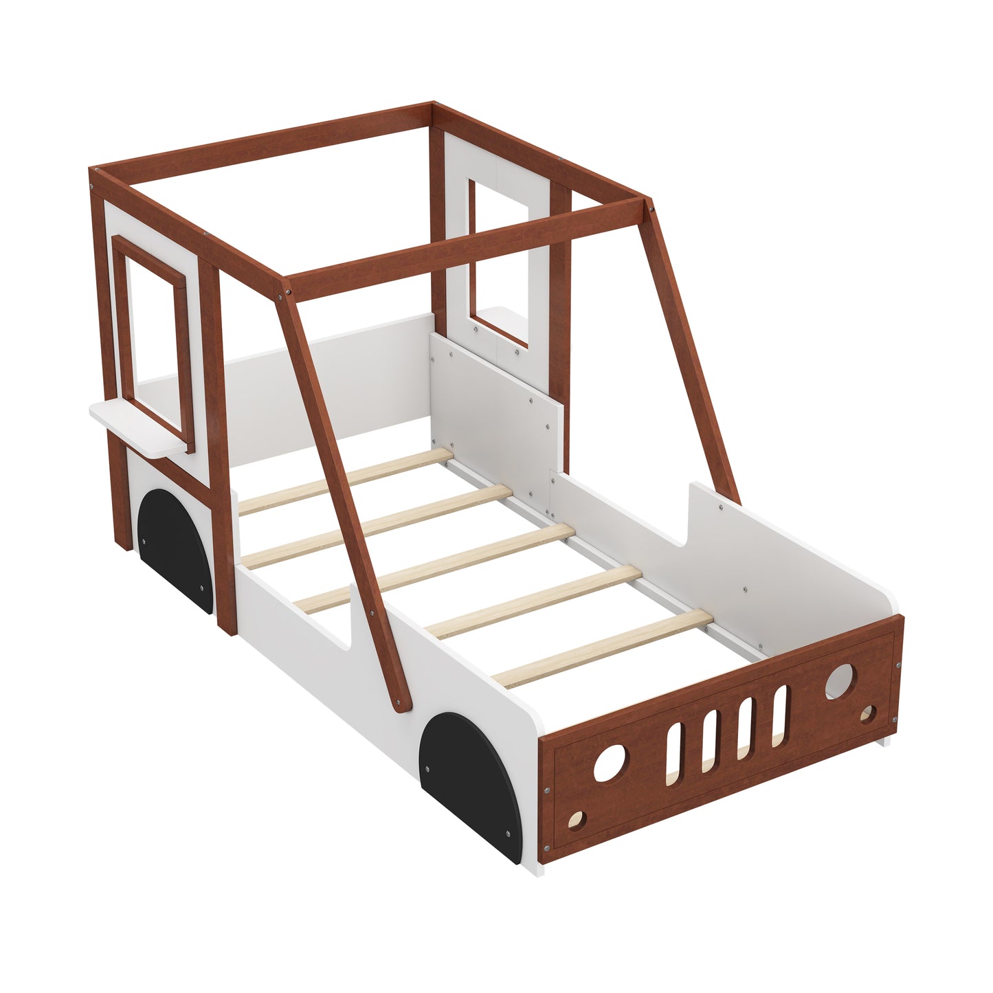 Play Design Twin Size Car Bed, Kids Platform Bed In Car-Shaped For Kids Boys Girls Teens,White  Orange
