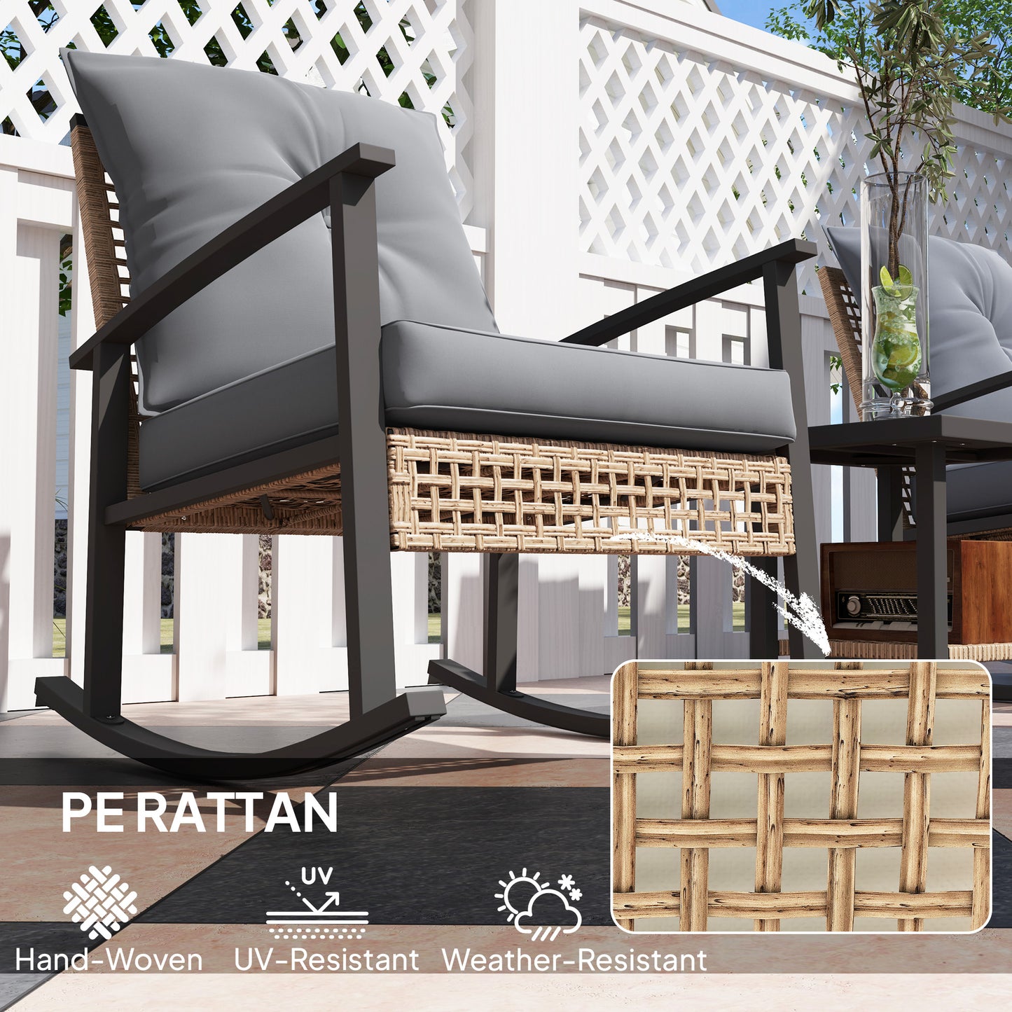 3 Pieces Bistro Set, Patio Wicker Furniture Set with Button Tufted Cushions, Rattan Rocking Chairs, Coffee Table, Gray